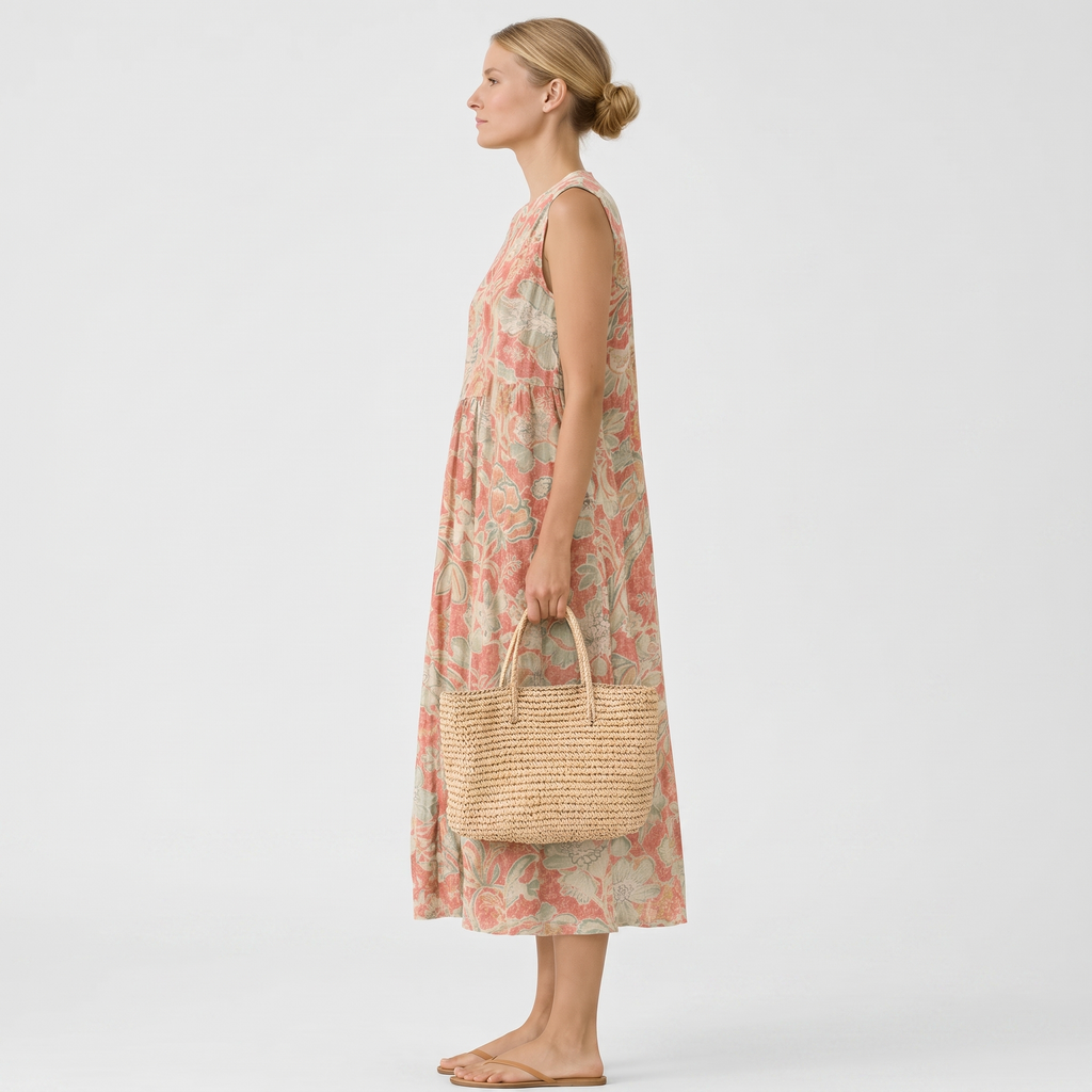 Vestido midi mujer algodón viscosa floral con cuello en V verano