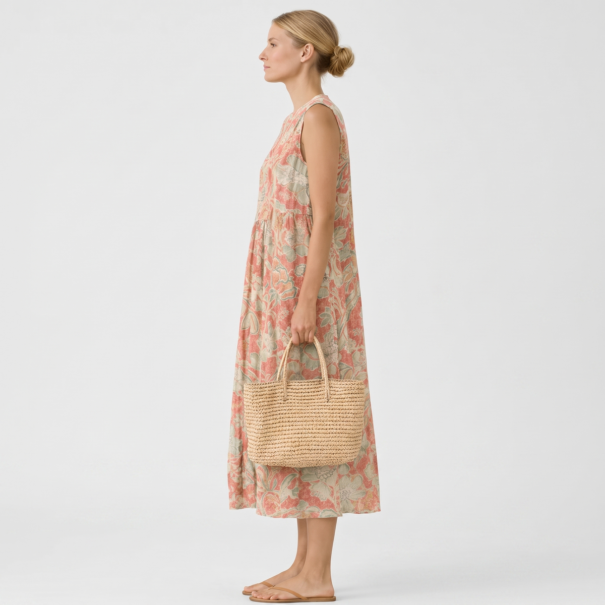 Vestido midi mujer algodón viscosa floral con cuello en V verano