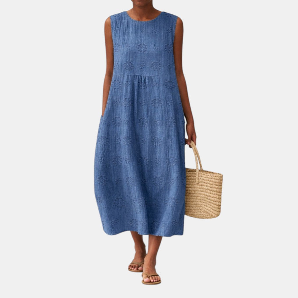 Vestido midi mujer algodón viscosa bordado inglés sin mangas