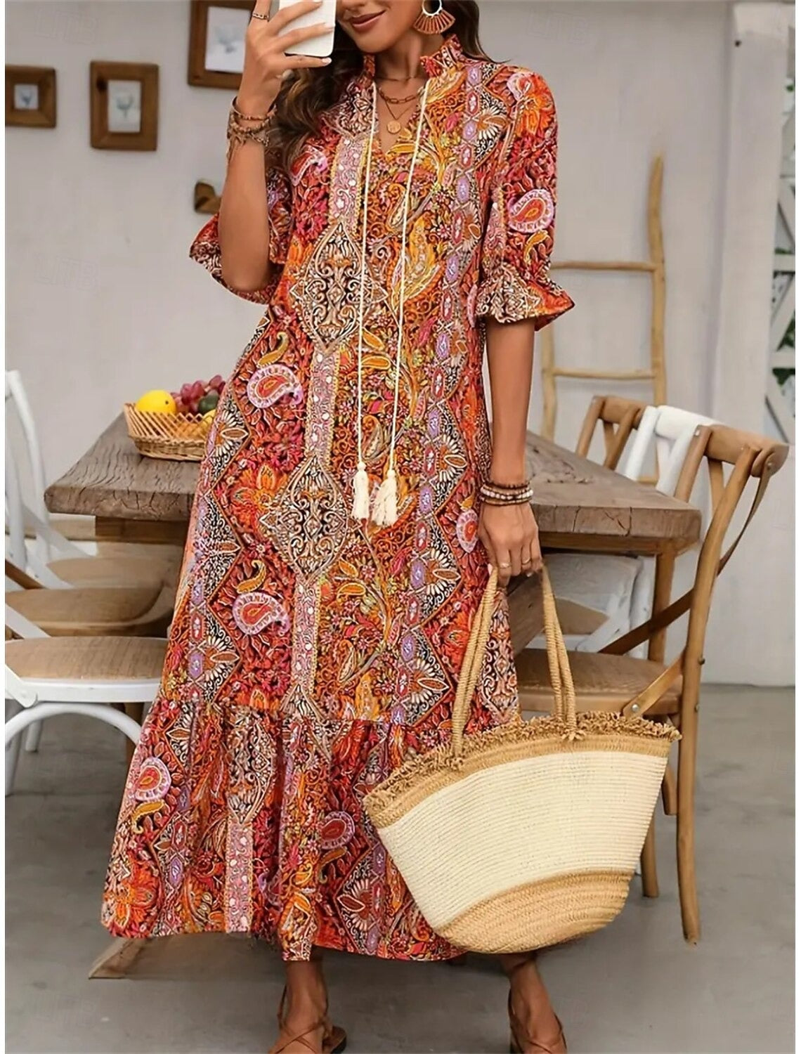Vestido boho para mujer con estampado floral y escote en V