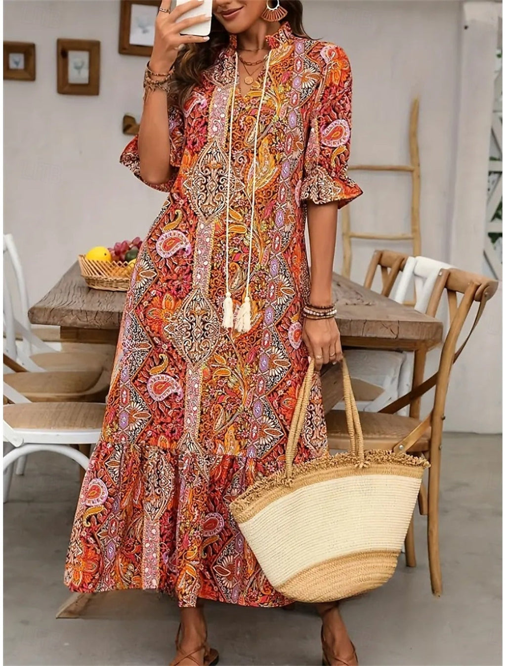Vestido boho para mujer con estampado floral y escote en V