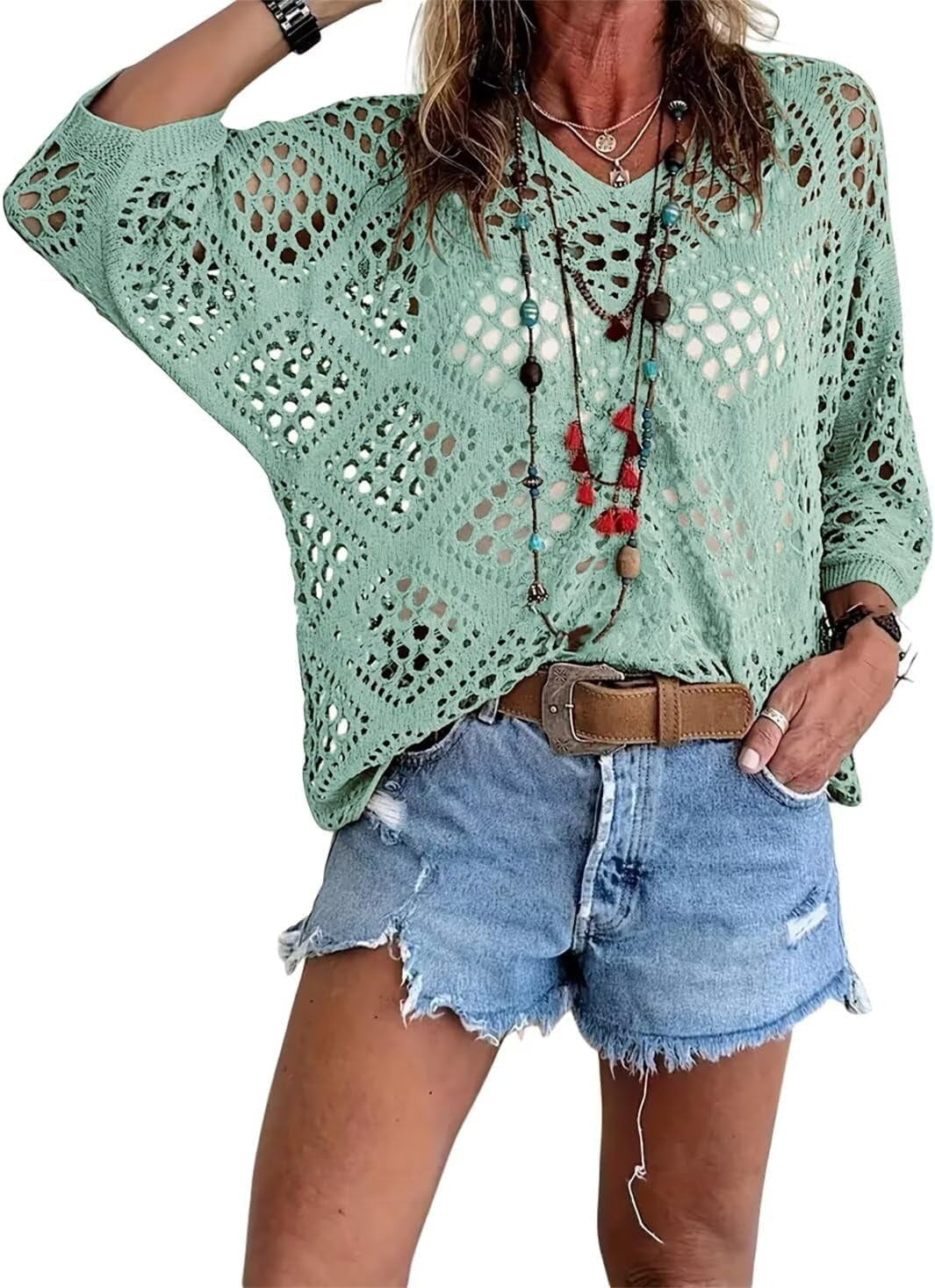 Top de mujer de crochet calado estilo bohemio con escote en V