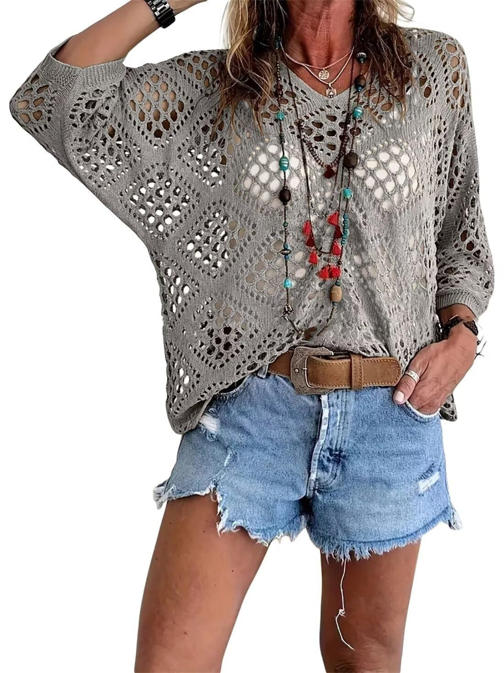 Top de mujer de crochet calado estilo bohemio con escote en V