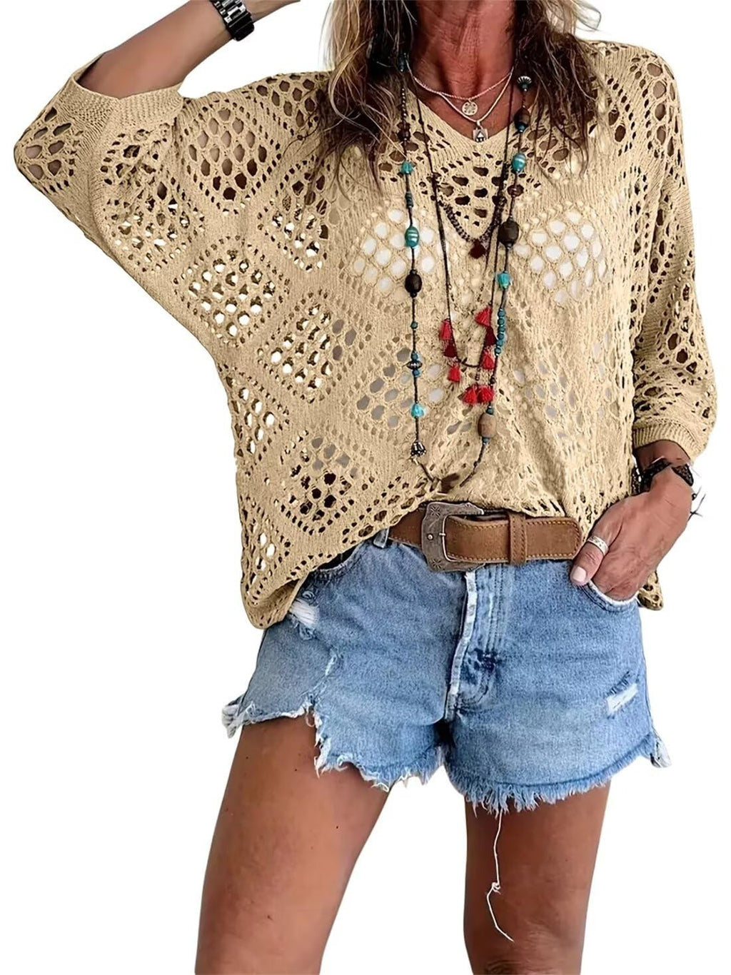 Top de mujer de crochet calado estilo bohemio con escote en V