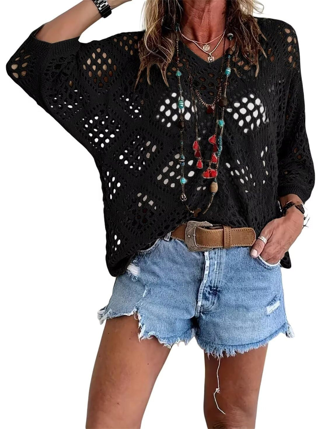 Top de mujer de crochet calado estilo bohemio con escote en V