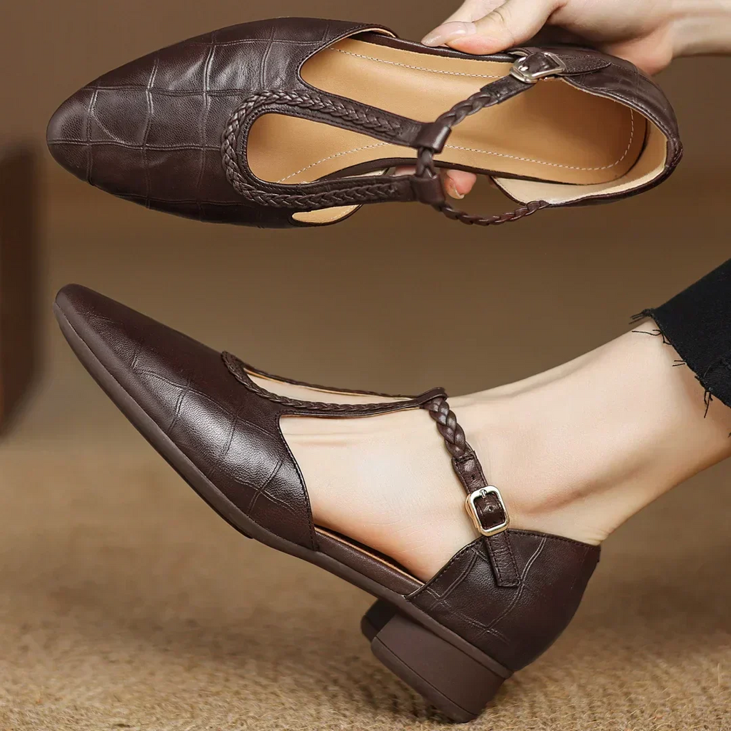 Zapatos Mary Jane para mujer de cuero con tira trenzada