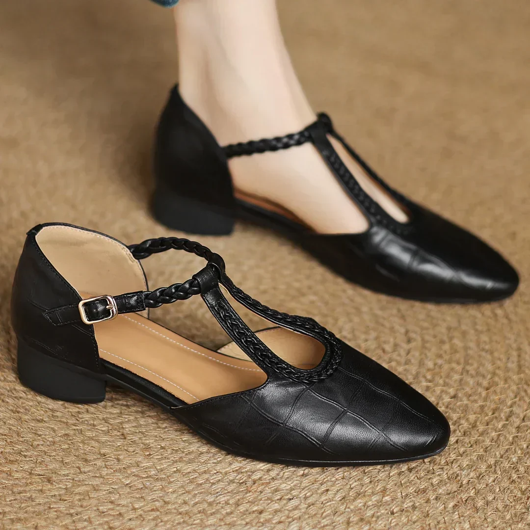 Zapatos Mary Jane para mujer de cuero con tira trenzada