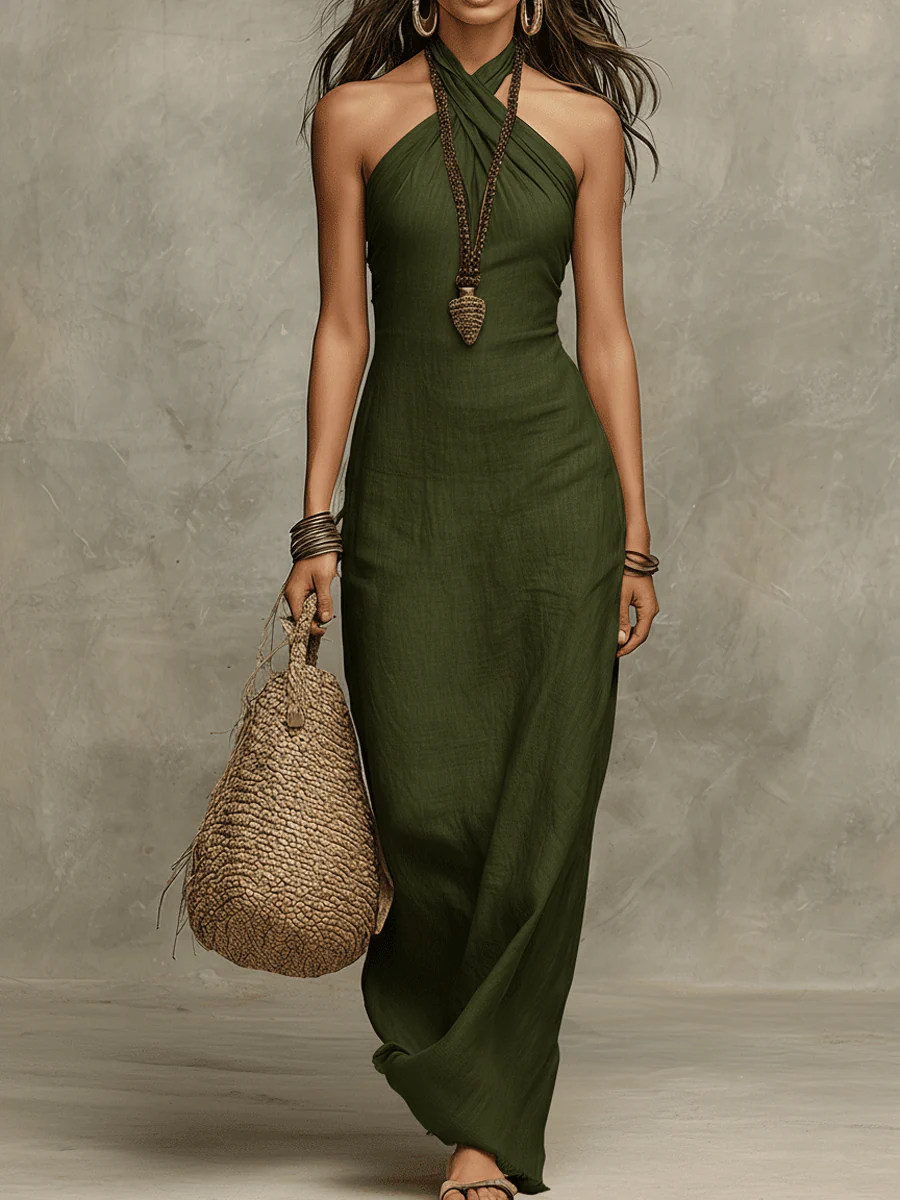 Vestido maxi mujer de lino con cuello halter elegante