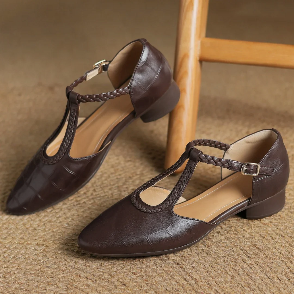 Zapatos Mary Jane para mujer de cuero con tira trenzada