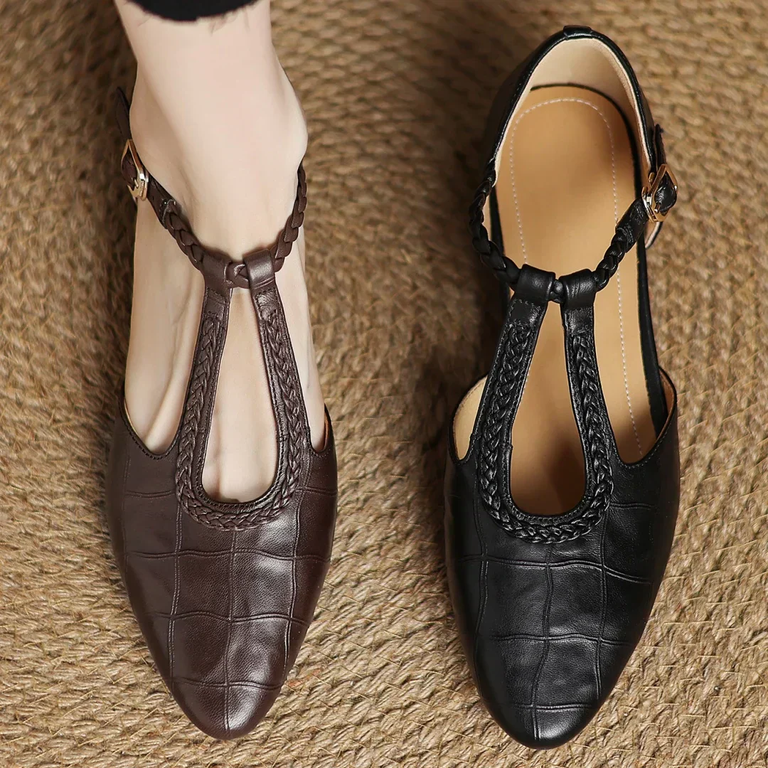 Zapatos Mary Jane para mujer de cuero con tira trenzada