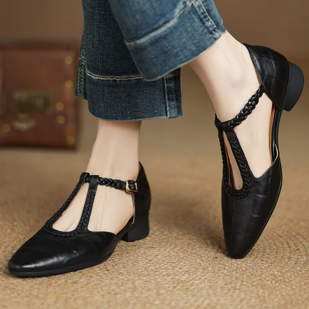 Zapatos Mary Jane para mujer de cuero con tira trenzada