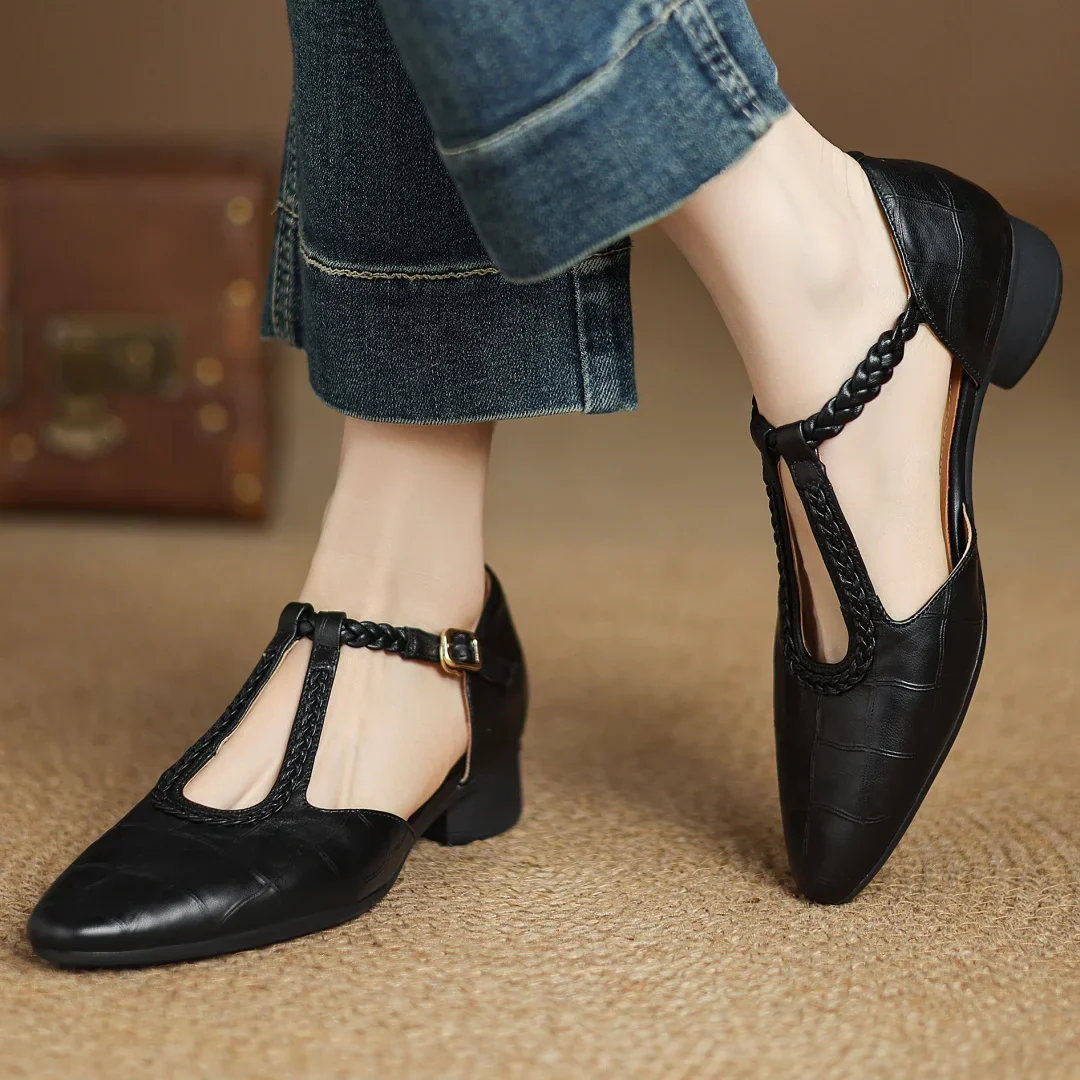 Zapatos Mary Jane para mujer de cuero con tira trenzada