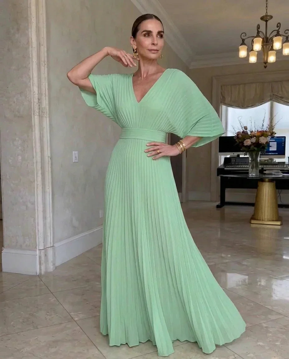 Vestido plisado mujer con mangas fluidas y escote en V