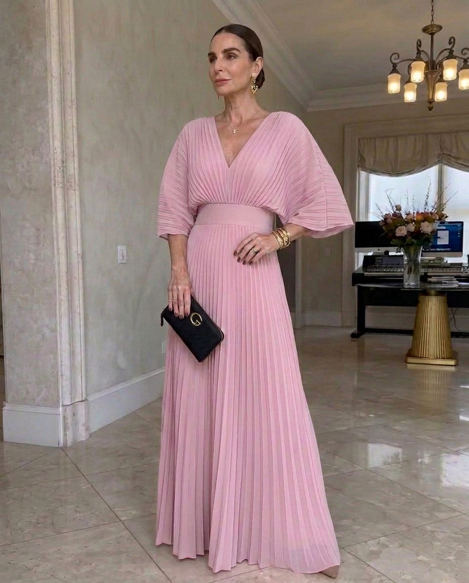 Vestido plisado mujer con mangas fluidas y escote en V