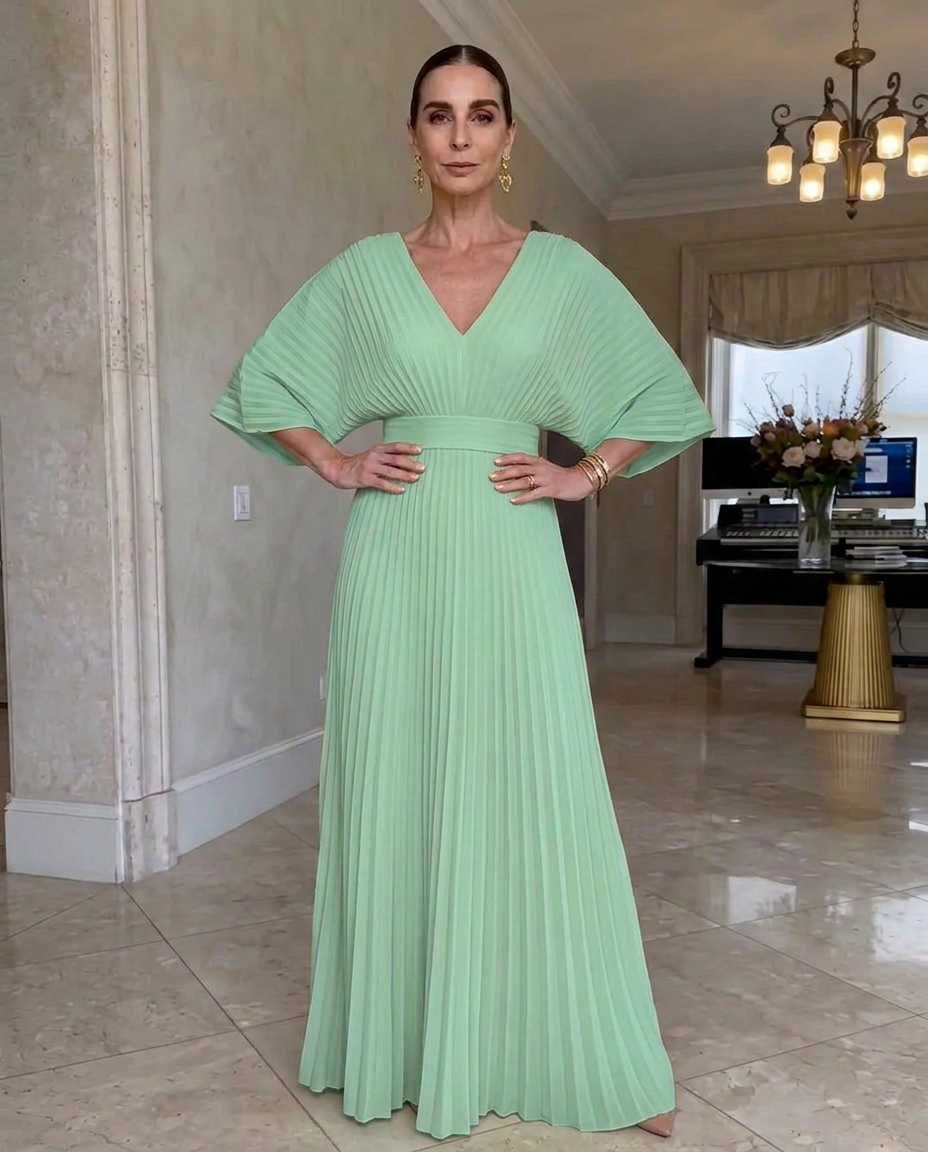 Vestido plisado mujer con mangas fluidas y escote en V