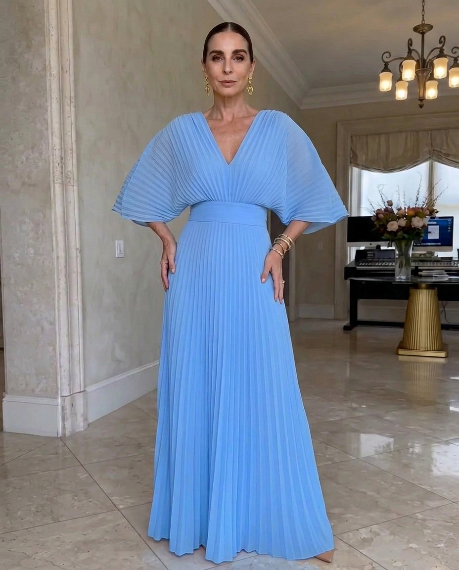 Vestido plisado mujer con mangas fluidas y escote en V