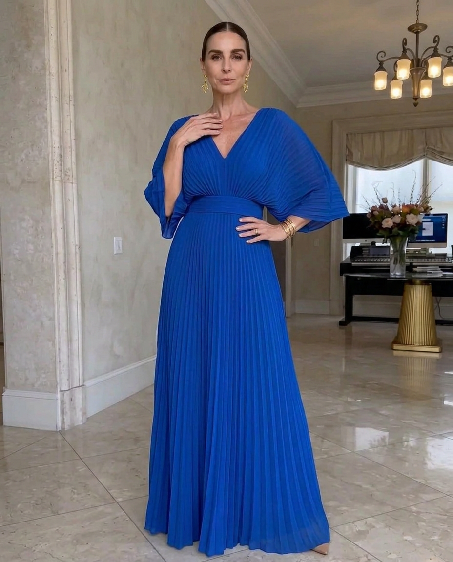 Vestido plisado mujer con mangas fluidas y escote en V