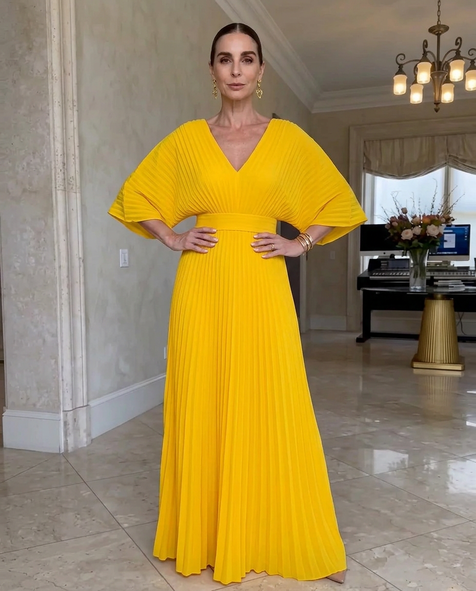 Vestido plisado mujer con mangas fluidas y escote en V