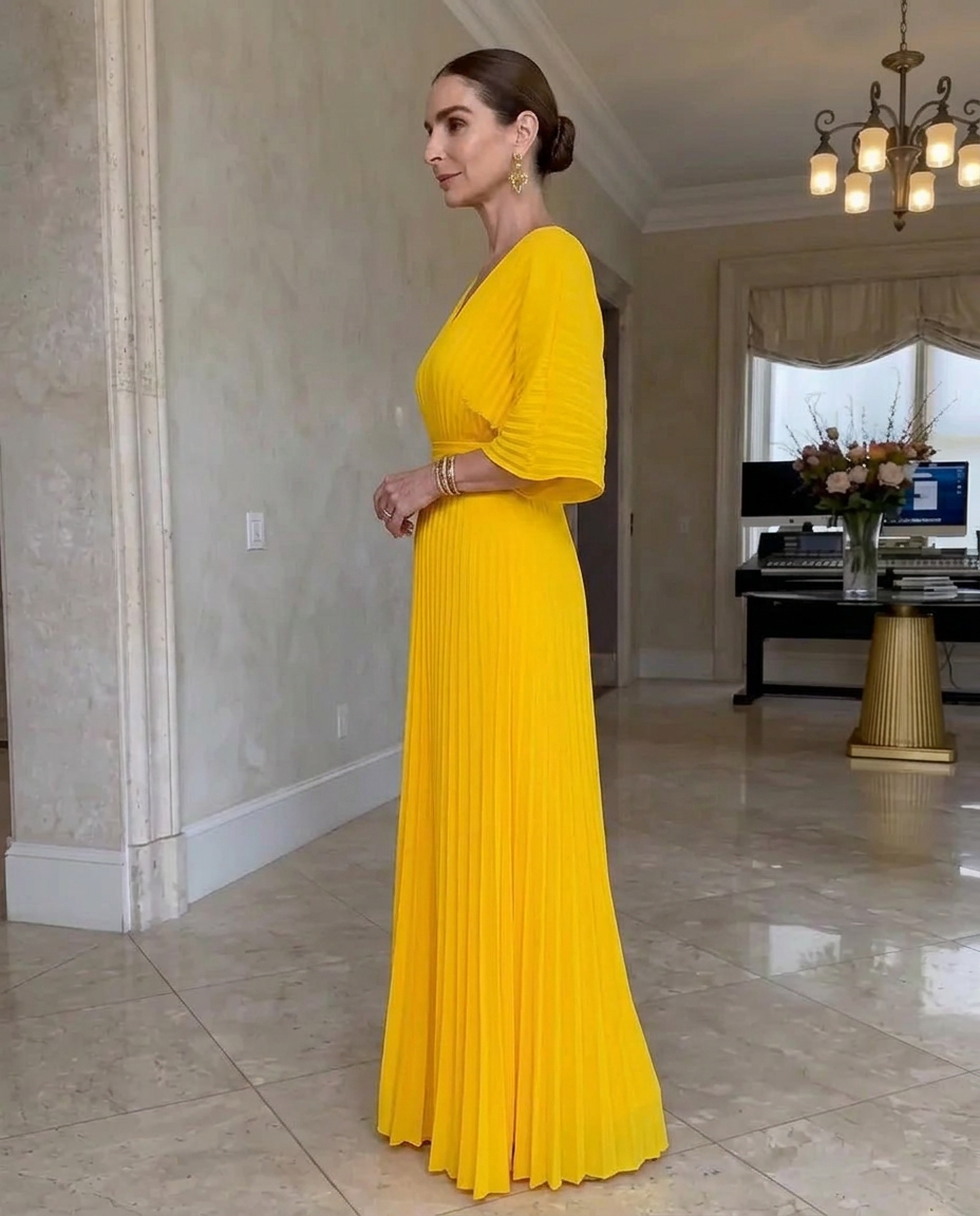 Vestido plisado mujer con mangas fluidas y escote en V