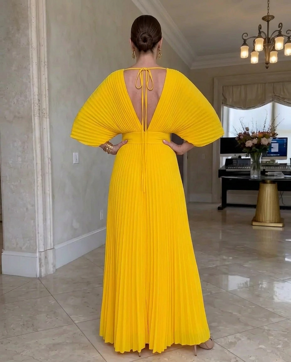 Vestido plisado mujer con mangas fluidas y escote en V