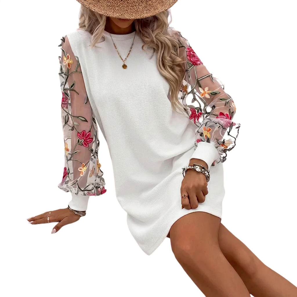Vestido elegante para mujer con mangas florales bordadas