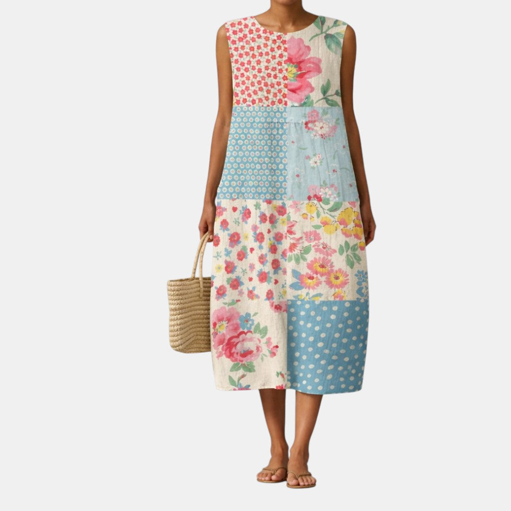 Vestido midi mujer algodón viscosa patchwork floral sin mangas
