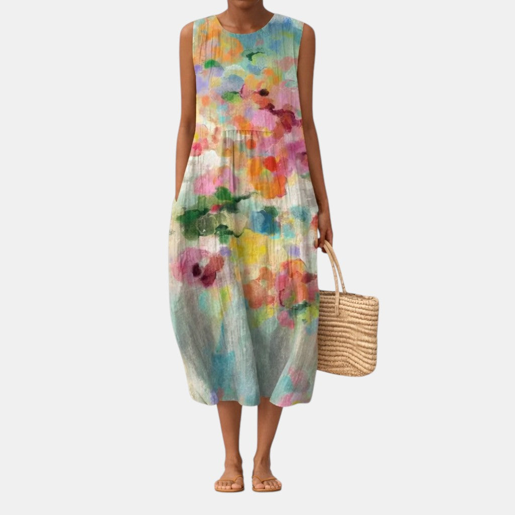 Vestido midi mujer sin mangas estampado multicolor con bolsillos
