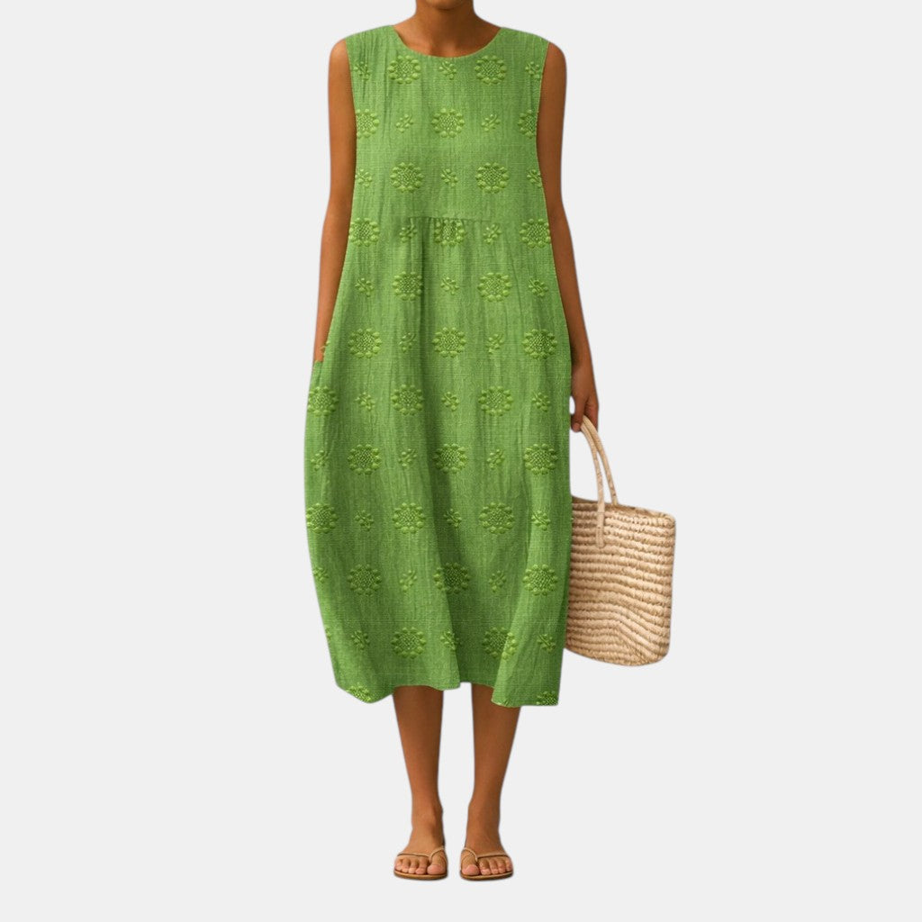 Vestido midi mujer algodón viscosa bordado sin mangas casual