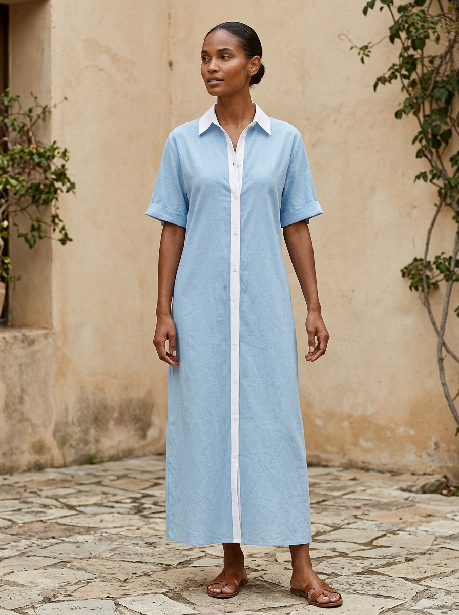 Vestido midi camisero para mujer con botones en contraste