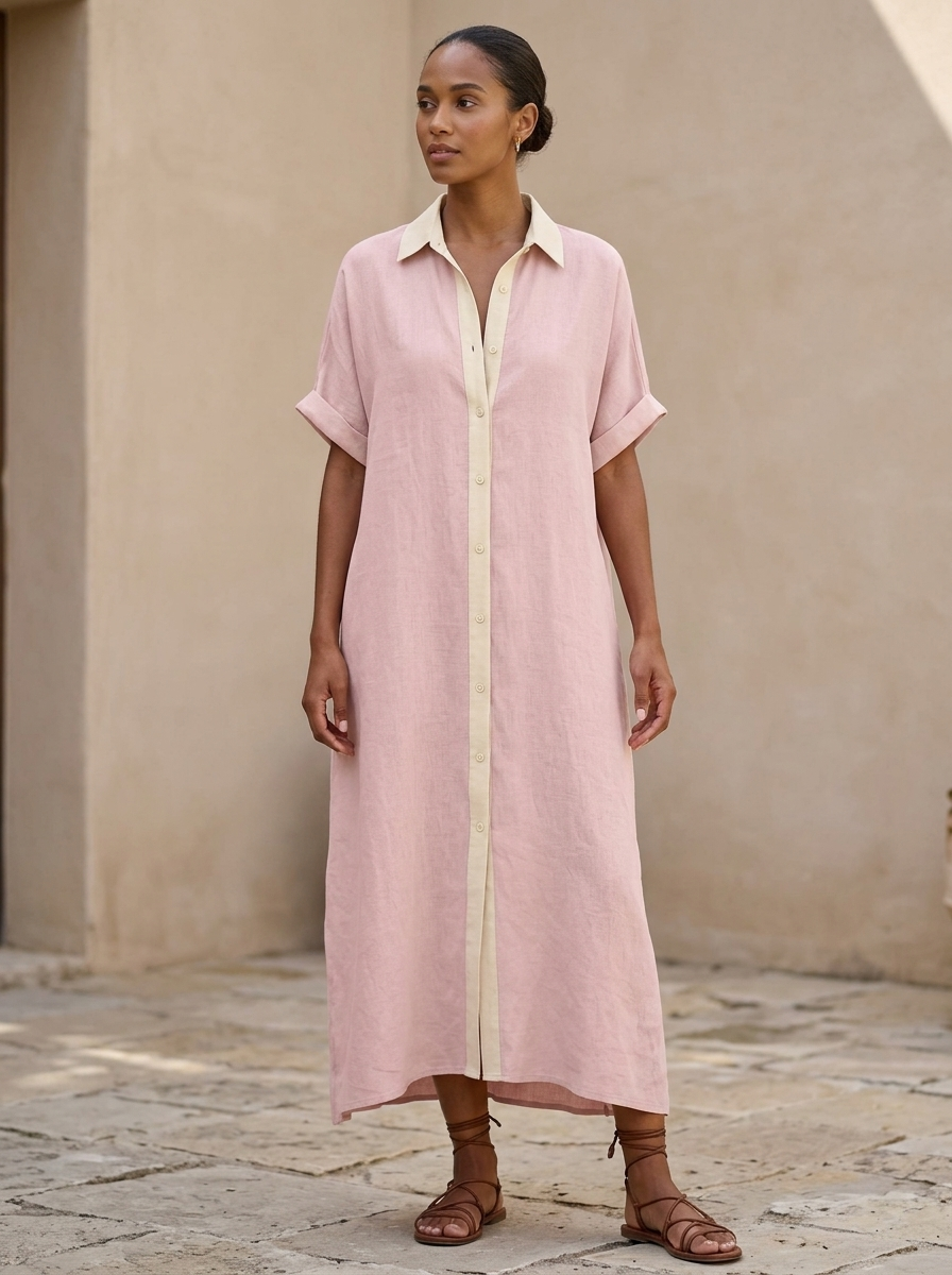 Vestido midi camisero para mujer con botones en contraste