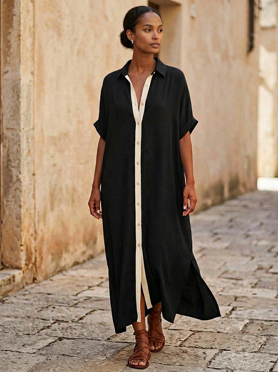 Vestido midi camisero para mujer con botones en contraste