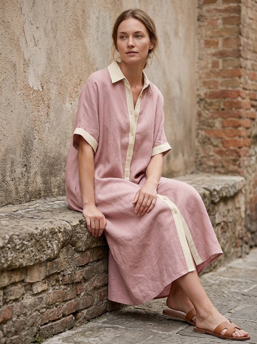 Vestido midi camisero para mujer con botones en contraste