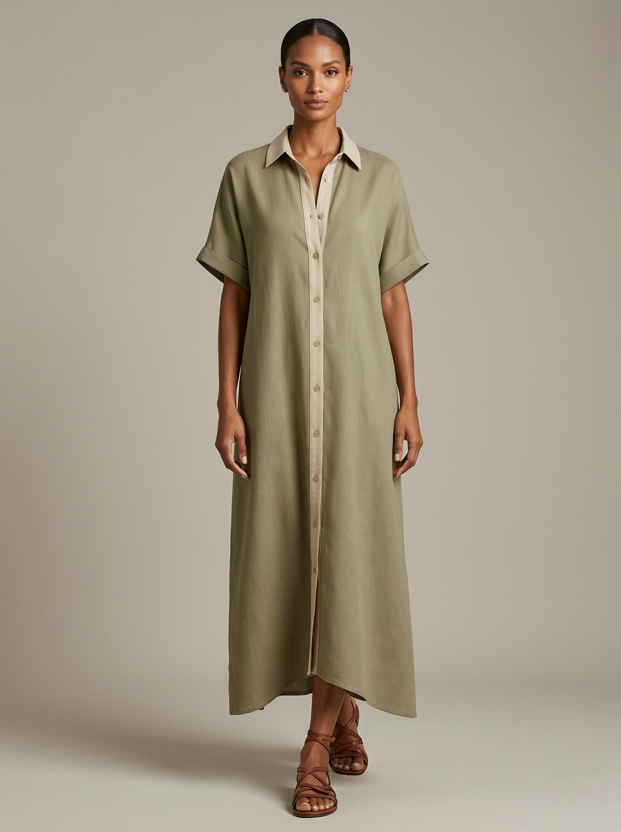 Vestido midi camisero para mujer con botones en contraste