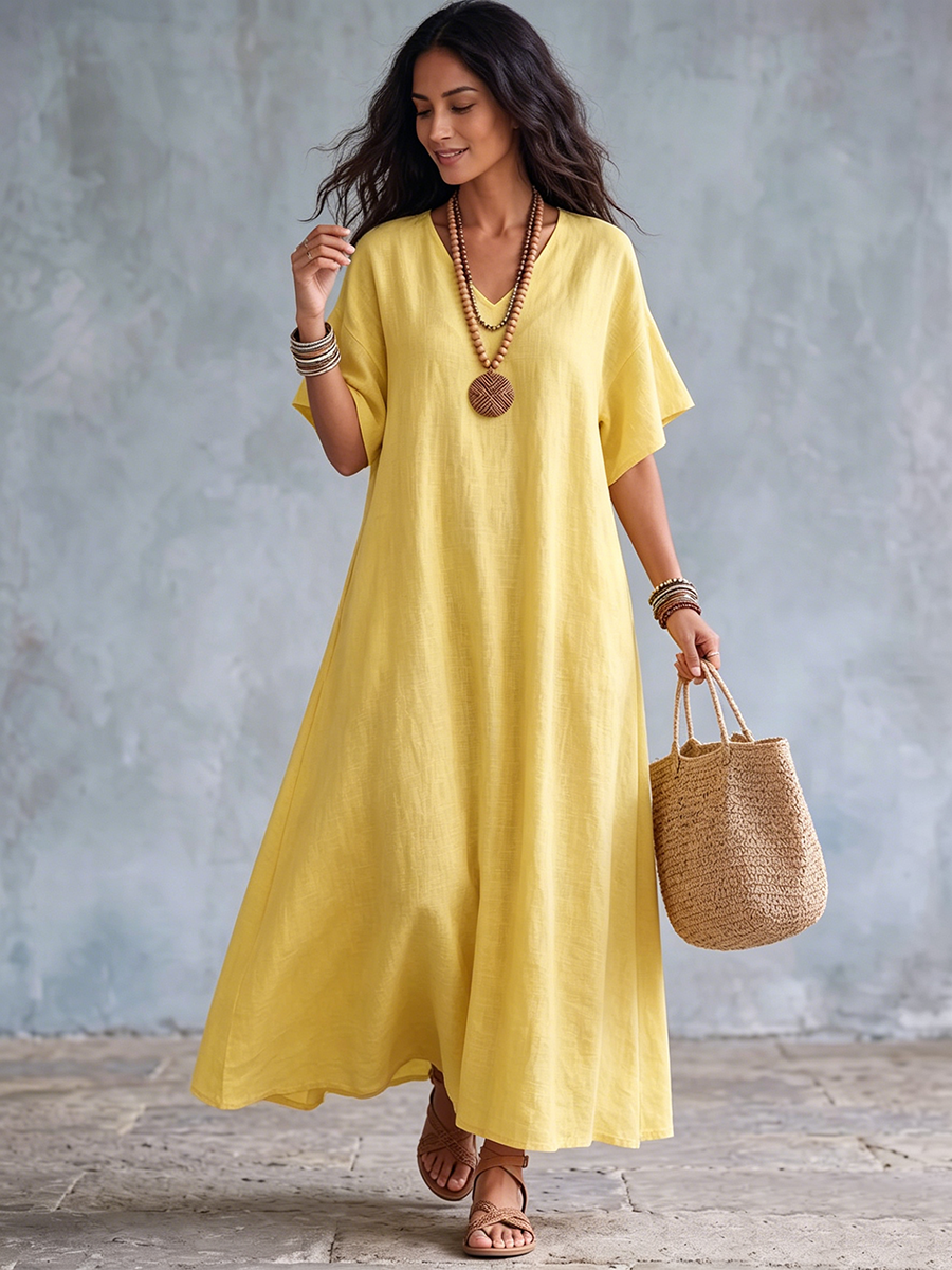 Vestido largo algodón lino con cuello en V para verano casual