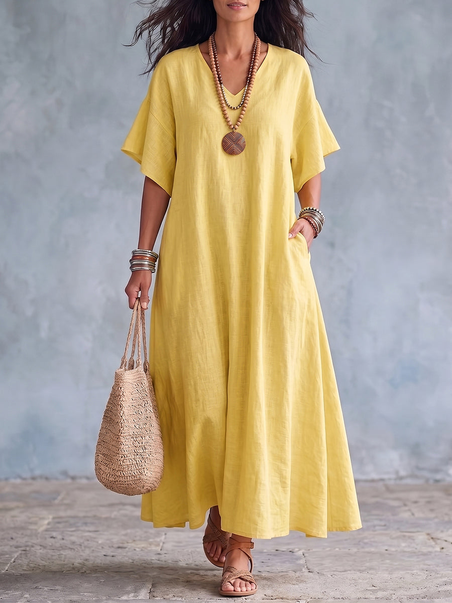 Vestido largo algodón lino con cuello en V para verano casual