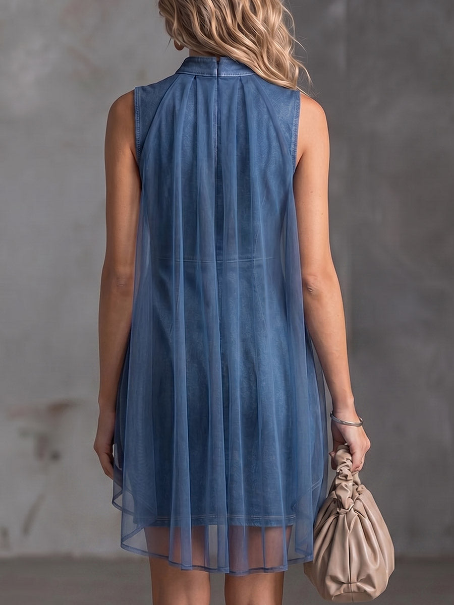 Vestido corto de lino efecto denim con gasa estilo cena chic