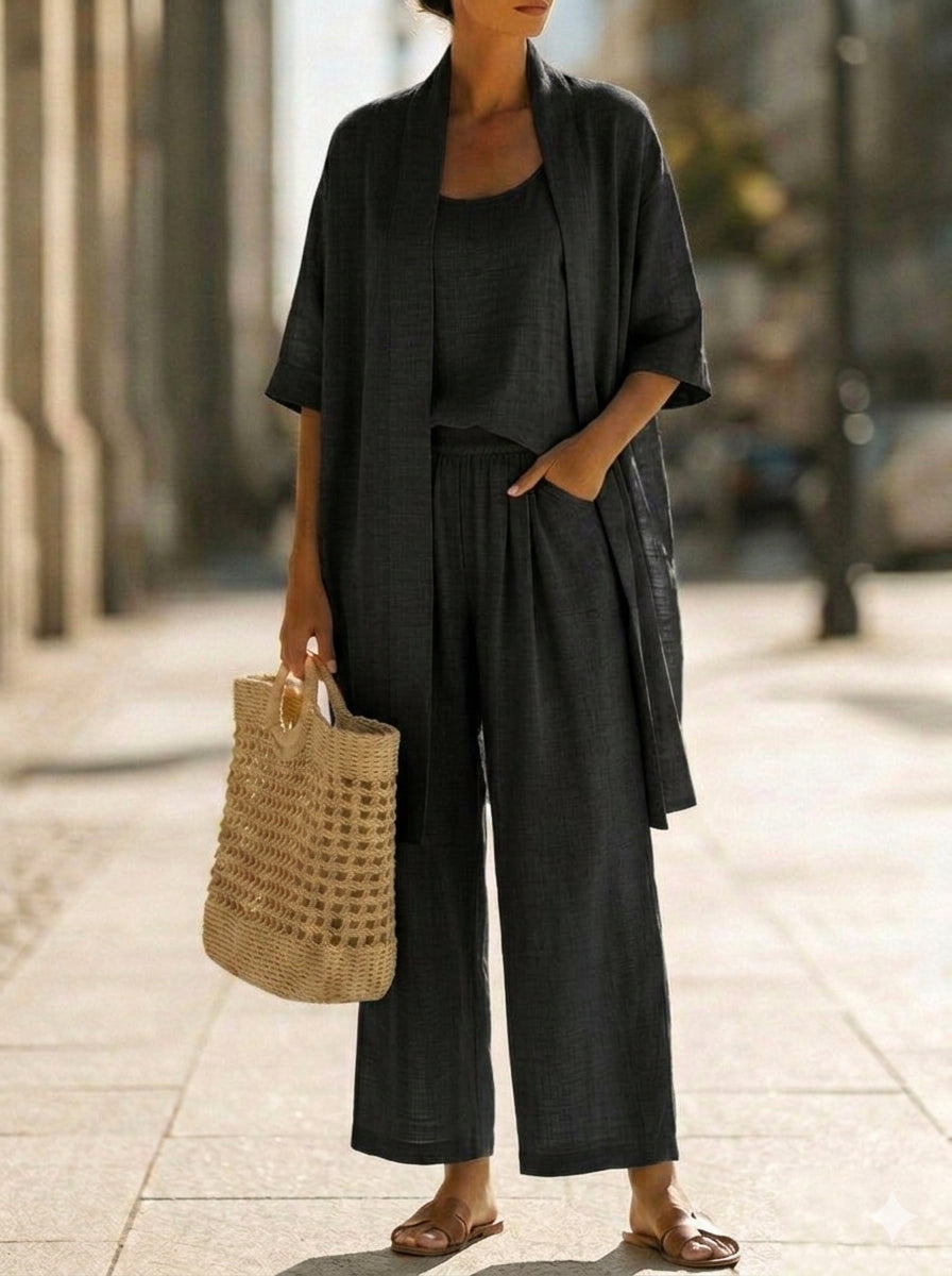 Vestido largo para mujer con conjunto de tres piezas y pantalón amplio