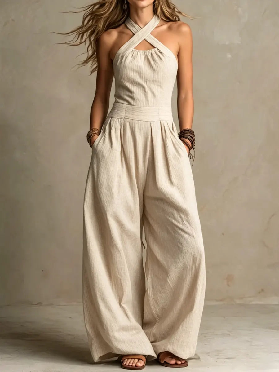 Mono mujer elegante con piernas anchas y diseño cruzado