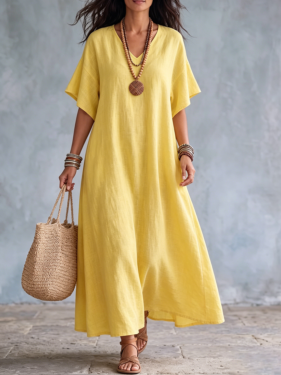 Vestido largo algodón lino con cuello en V para verano casual