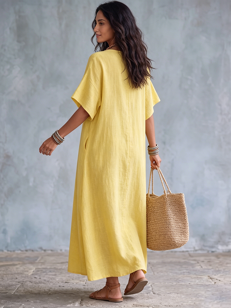 Vestido largo algodón lino con cuello en V para verano casual