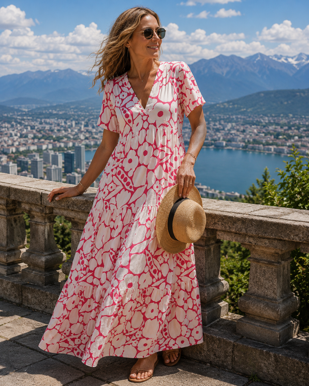 Vestido largo bohemio para mujer con estampado floral y escote en V
