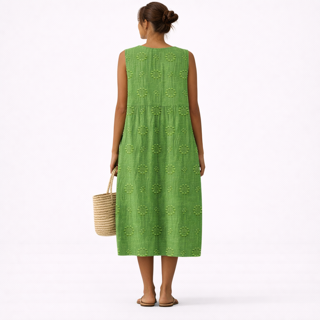 Vestido midi mujer algodón viscosa bordado sin mangas casual