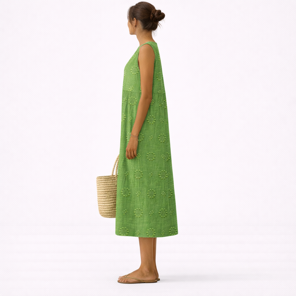 Vestido midi mujer algodón viscosa bordado sin mangas casual