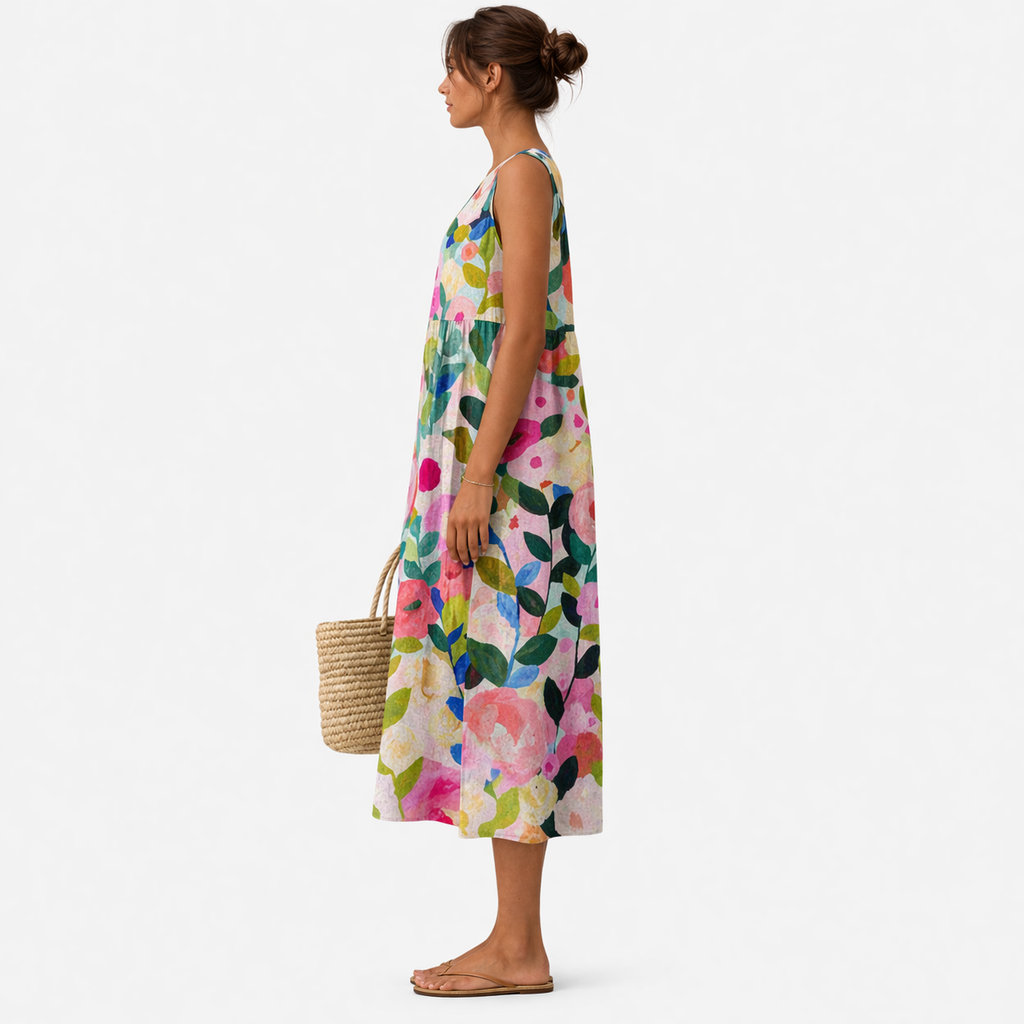 Vestido midi mujer algodón viscosa floral sin mangas verano