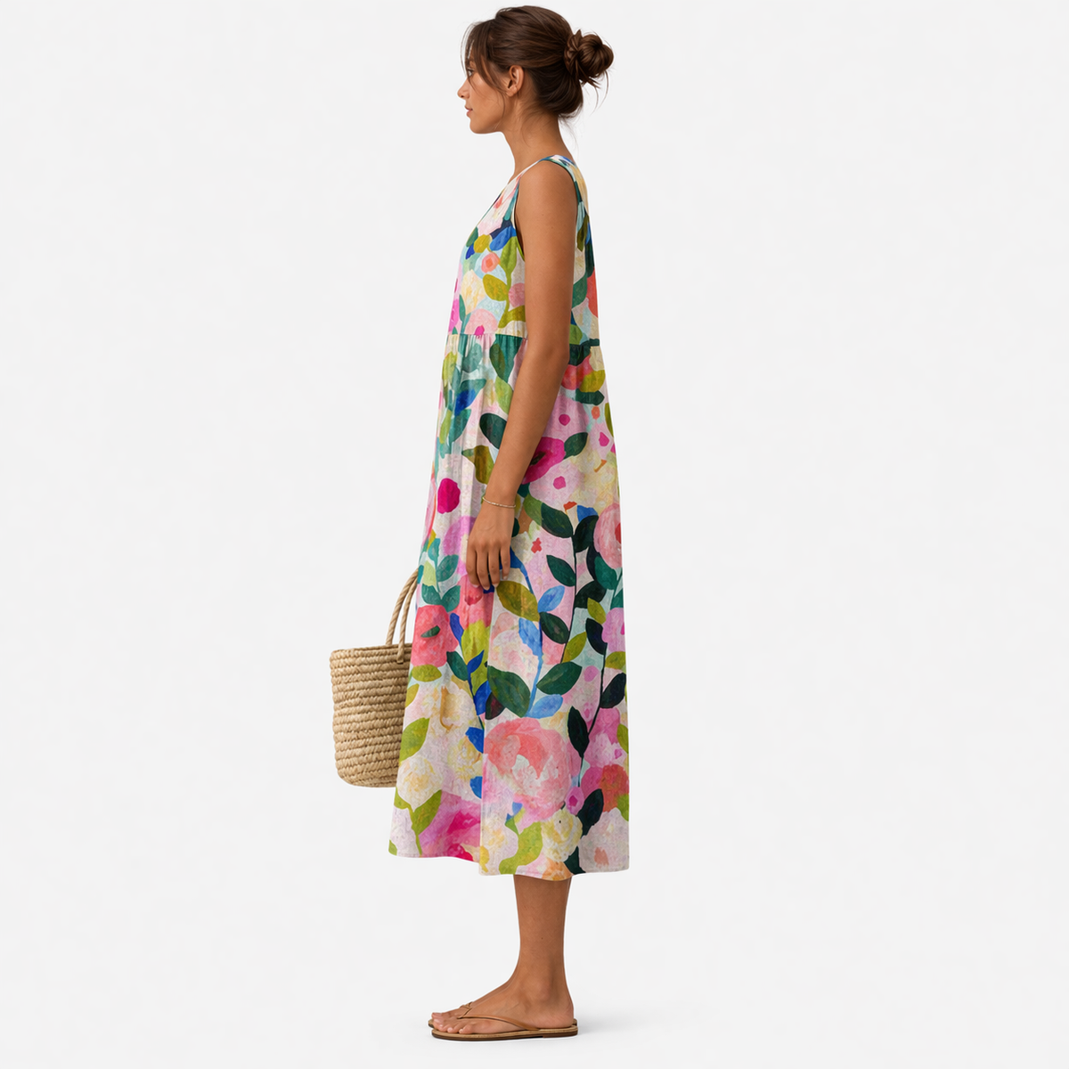 Vestido midi mujer algodón viscosa floral sin mangas verano