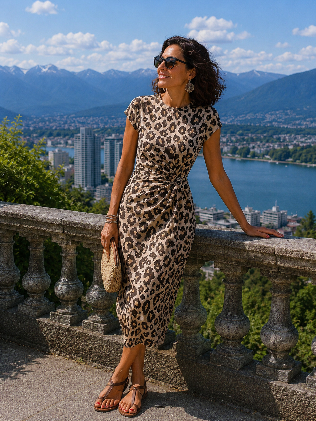 Vestido largo de mujer con estampado animal y detalle fruncido lateral
