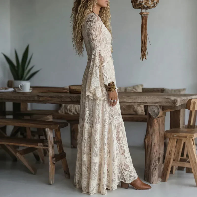 Vestido largo mujer de encaje vintage con mangas acampanadas
