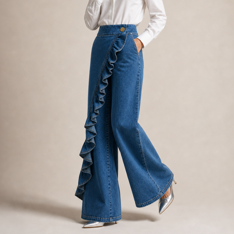 Pantalón mujer denim amplio con volantes elegantes