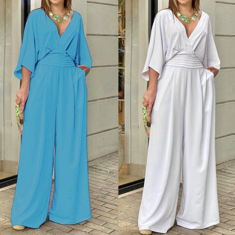 Mono elegante para mujer con escote en V y pantalón de pierna ancha