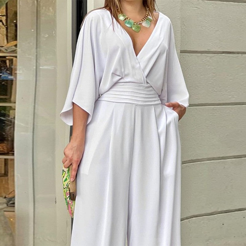 Mono elegante para mujer con escote en V y pantalón de pierna ancha